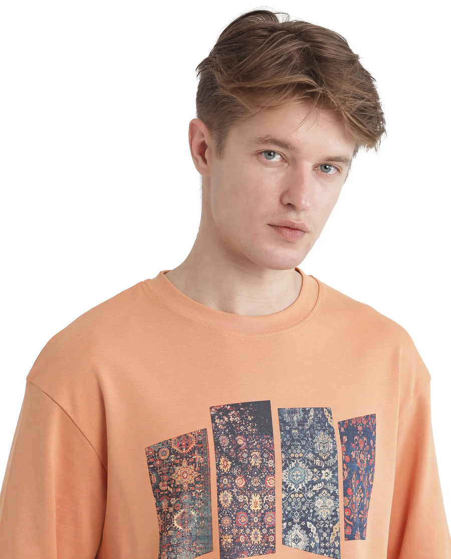 Rare Rabbit Men's Lino Dark Orange Cotton Graphic Print Qlo Fit Half Sleeve Crew Neck T-Shirt