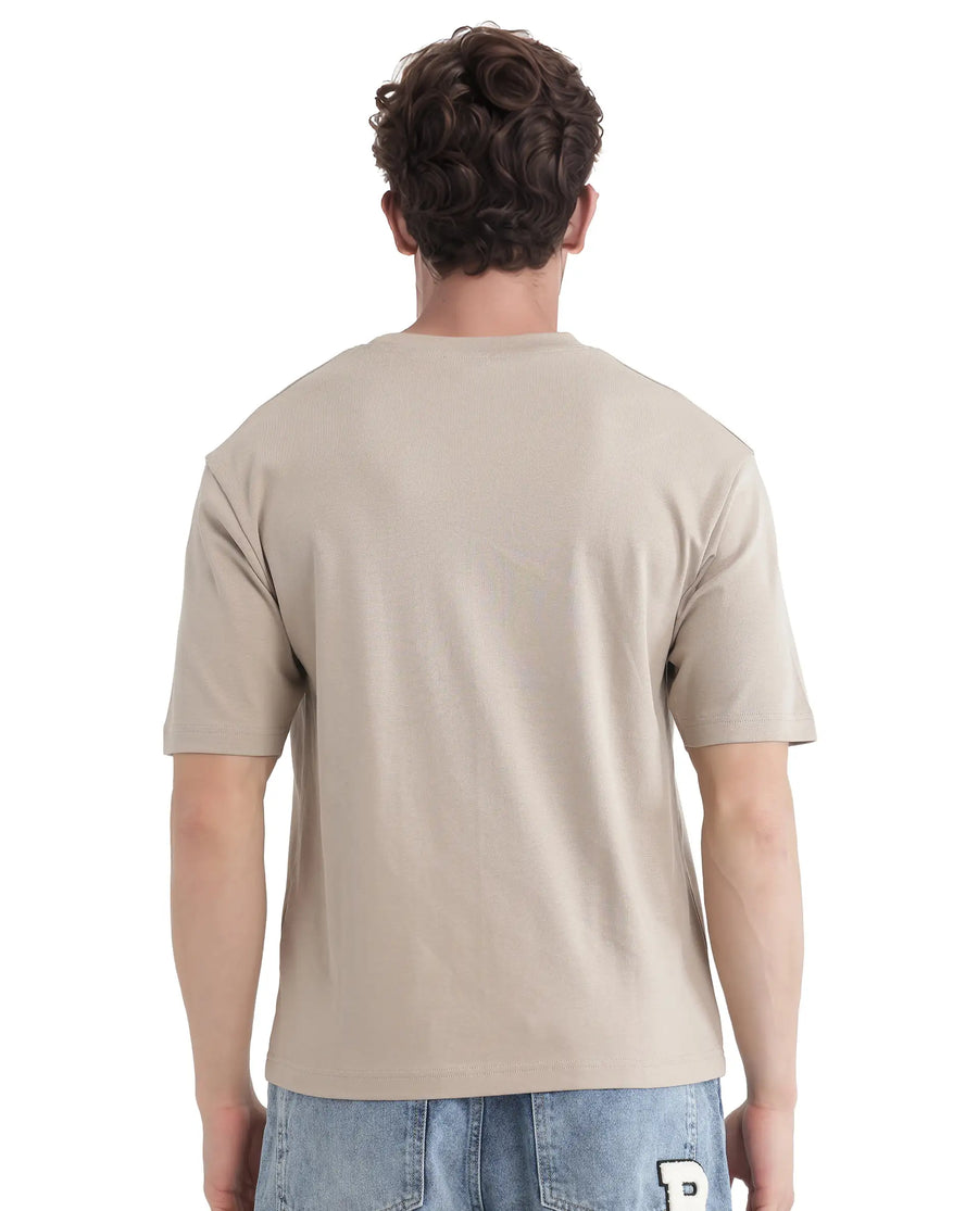 Rare Rabbit Men's Lino Dusky Beige Cotton Graphic Print Qlo Fit Half Sleeve Crew Neck T-Shirt