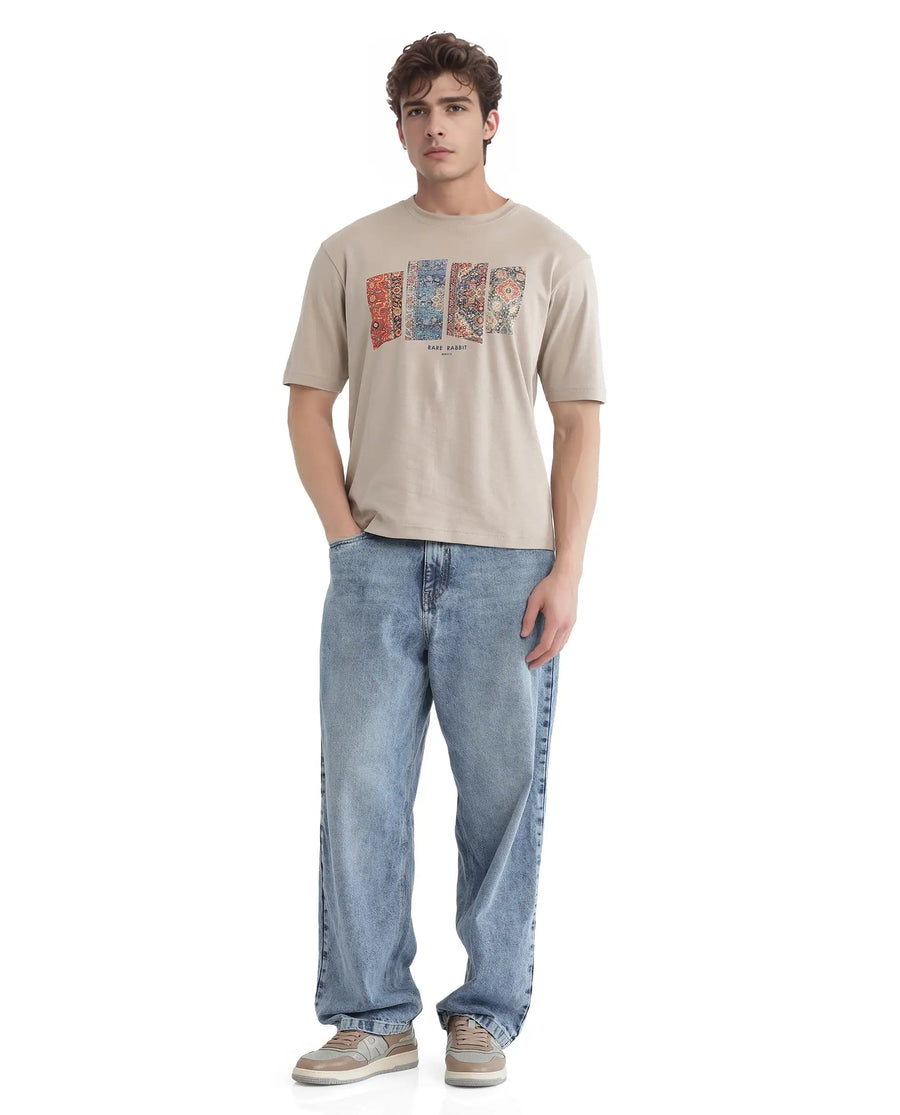 Rare Rabbit Men's Lino Dusky Beige Cotton Graphic Print Qlo Fit Half Sleeve Crew Neck T-Shirt
