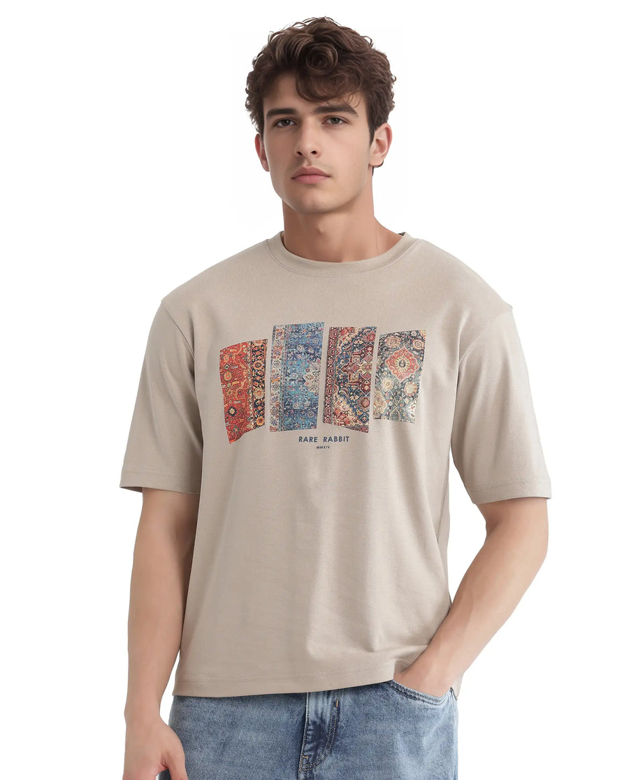 Rare Rabbit Men's Lino Dusky Beige Cotton Graphic Print Qlo Fit Half Sleeve Crew Neck T-Shirt