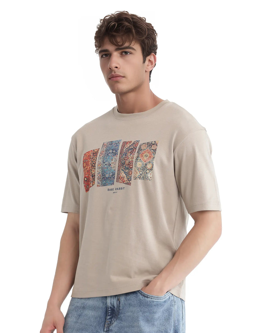 Rare Rabbit Men's Lino Dusky Beige Cotton Graphic Print Qlo Fit Half Sleeve Crew Neck T-Shirt