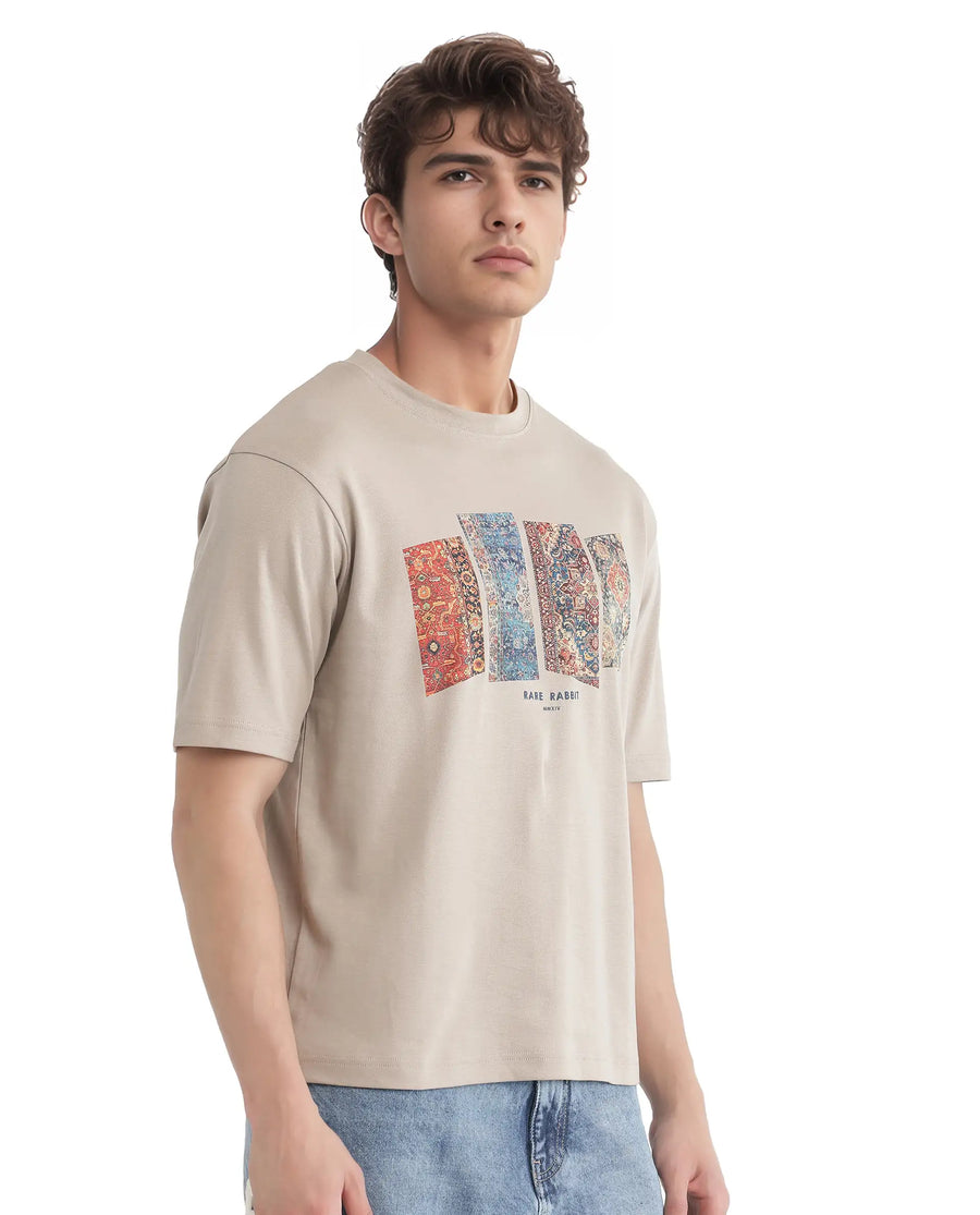 Rare Rabbit Men's Lino Dusky Beige Cotton Graphic Print Qlo Fit Half Sleeve Crew Neck T-Shirt