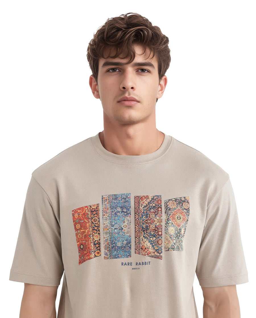 Rare Rabbit Men's Lino Dusky Beige Cotton Graphic Print Qlo Fit Half Sleeve Crew Neck T-Shirt