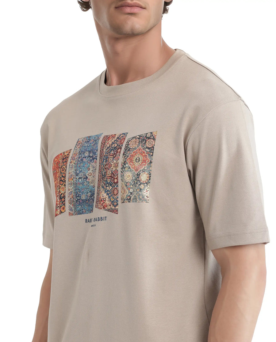 Rare Rabbit Men's Lino Dusky Beige Cotton Graphic Print Qlo Fit Half Sleeve Crew Neck T-Shirt