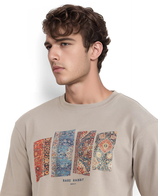 Rare Rabbit Men's Lino Dusky Beige Cotton Graphic Print Qlo Fit Half Sleeve Crew Neck T-Shirt