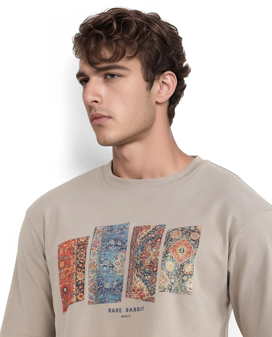 Rare Rabbit Men's Lino Dusky Beige Cotton Graphic Print Qlo Fit Half Sleeve Crew Neck T-Shirt