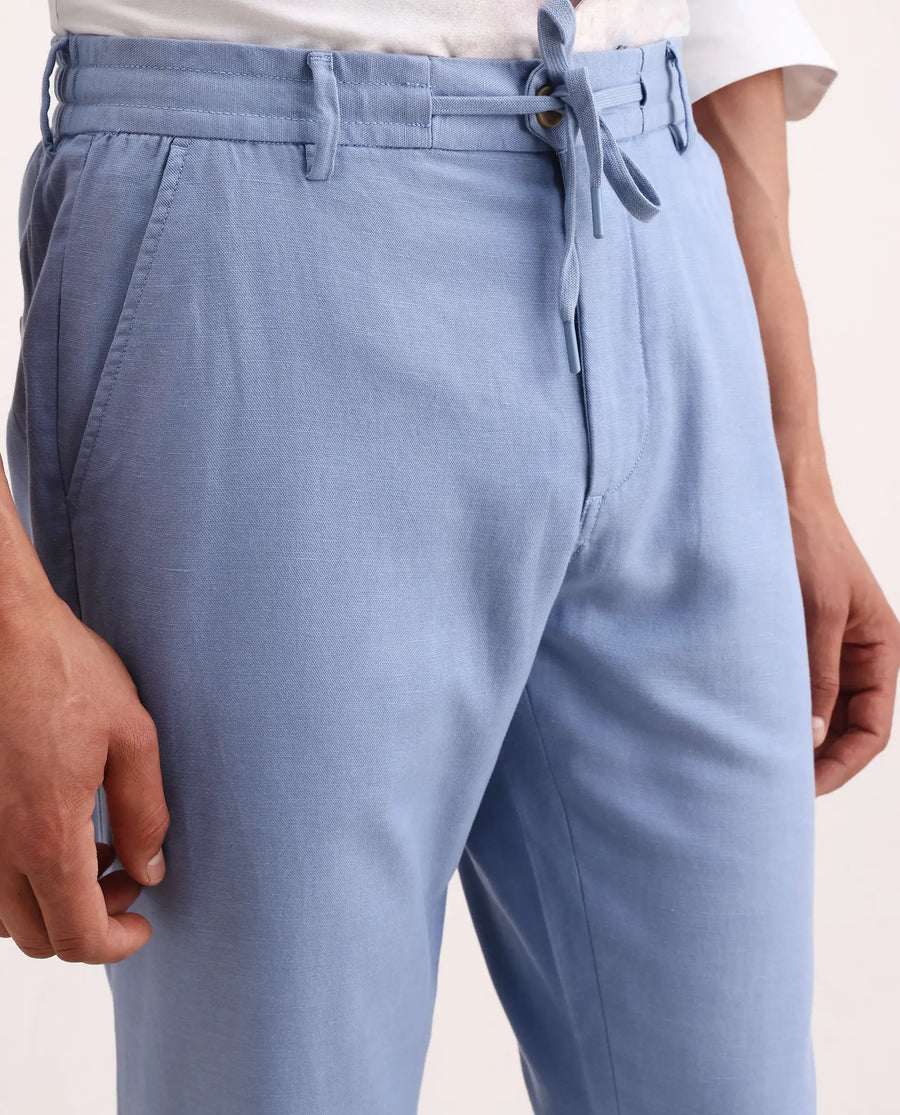 Rare Rabbit Men's Linol-T Light Blue Linen Blend Fabric Regular Fit Drawstring Plain Trouser