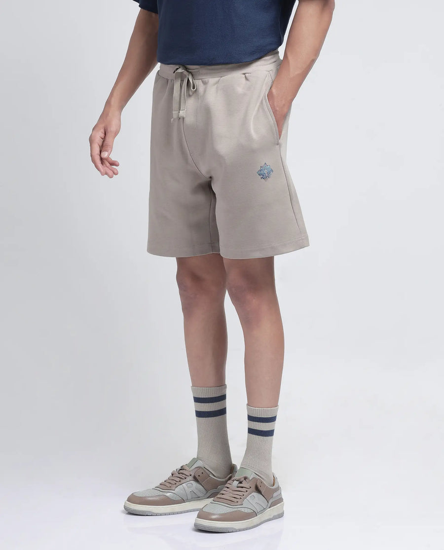 Rare Rabbit Men's Linor Beige Cotton Blend Plain Relaxed Fit Shorts