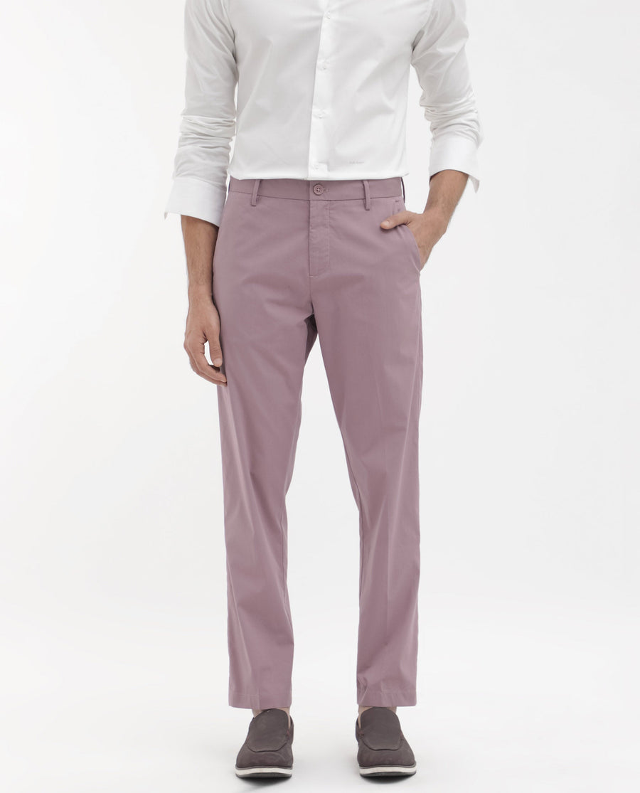 Rare Rabbit Men's Linotel Pastel Pink Cotton Blend Plain Regular Fit Trouser