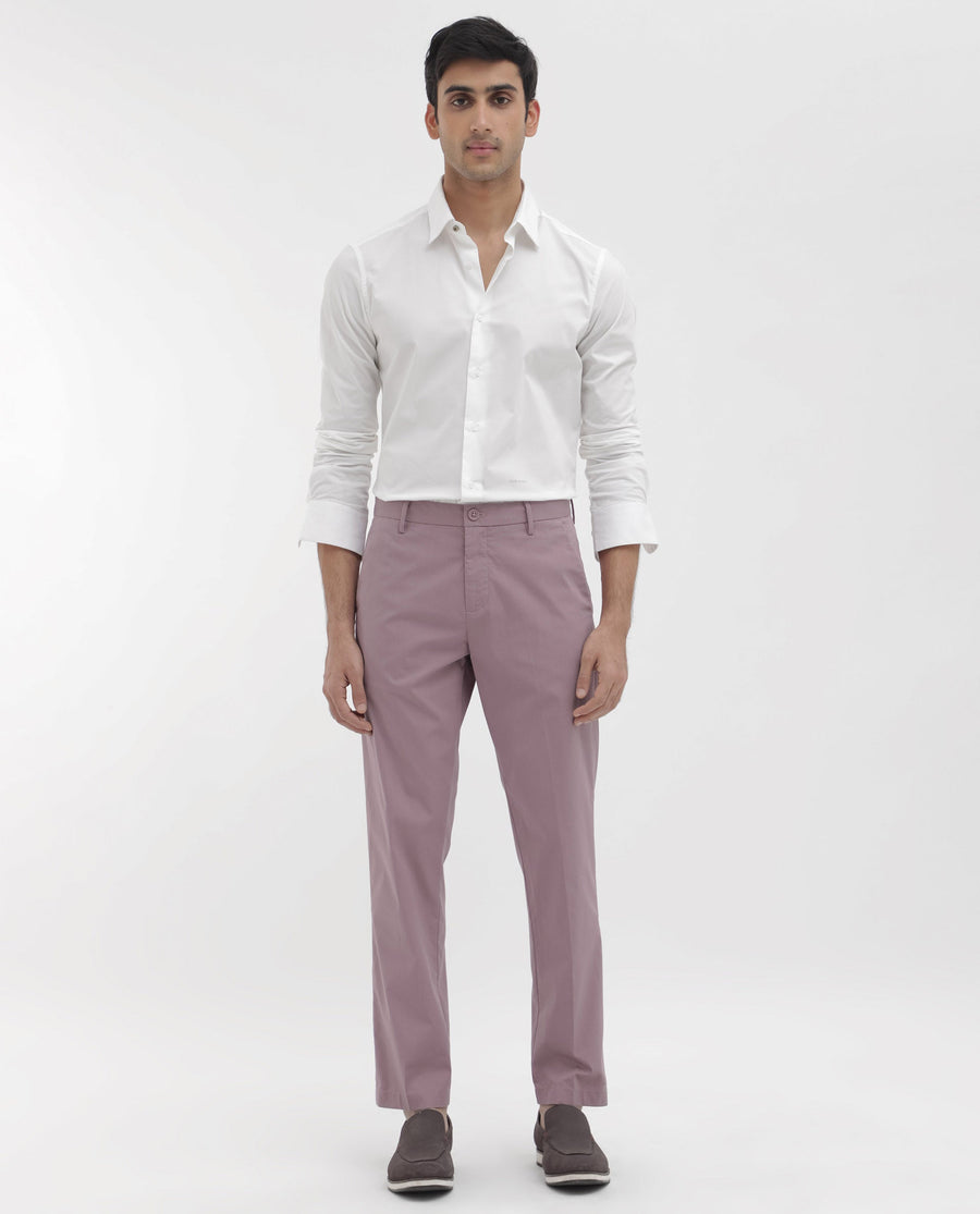 Rare Rabbit Men's Linotel Pastel Pink Cotton Blend Plain Regular Fit Trouser
