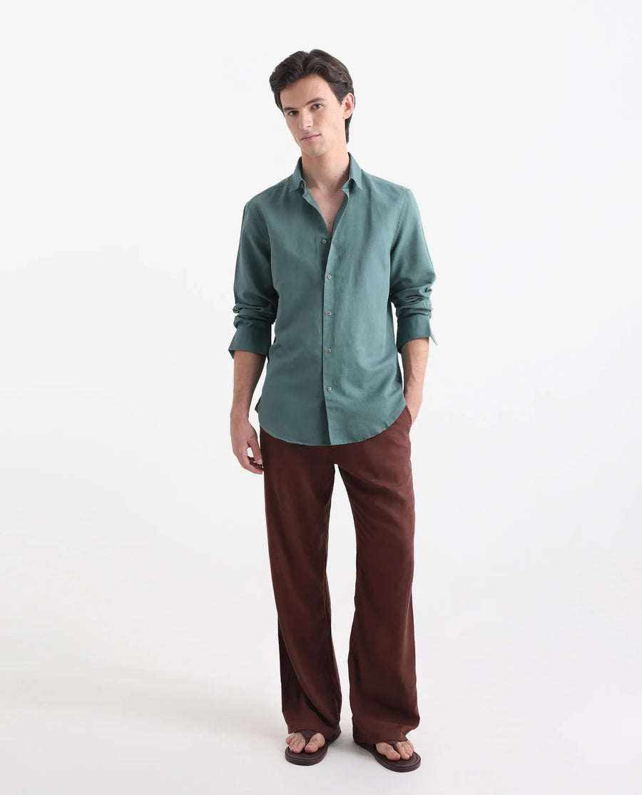 Rare Rabbit Men's Linux Green Linen Blend Plain Regular Fit Full Sleeve Collared Shirt