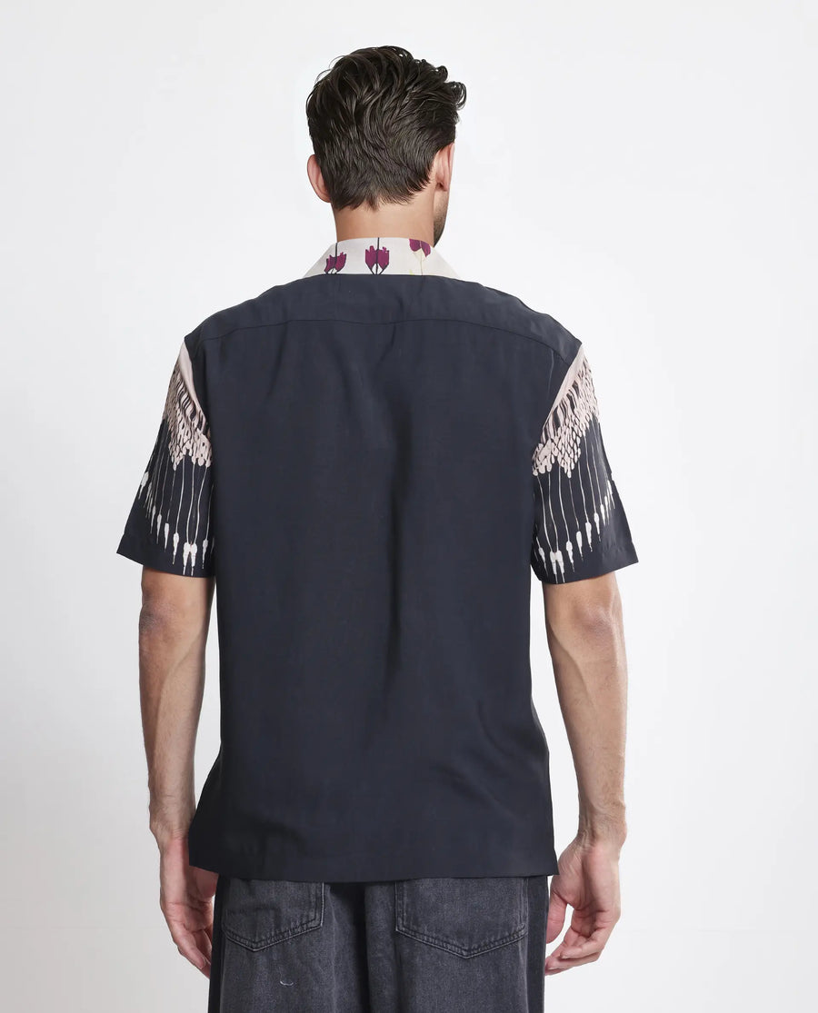 Rare Rabbit Men's Lisat Black Viscose Abstract Print Boxy Fit Half Sleeve Cuban Collar Shirt