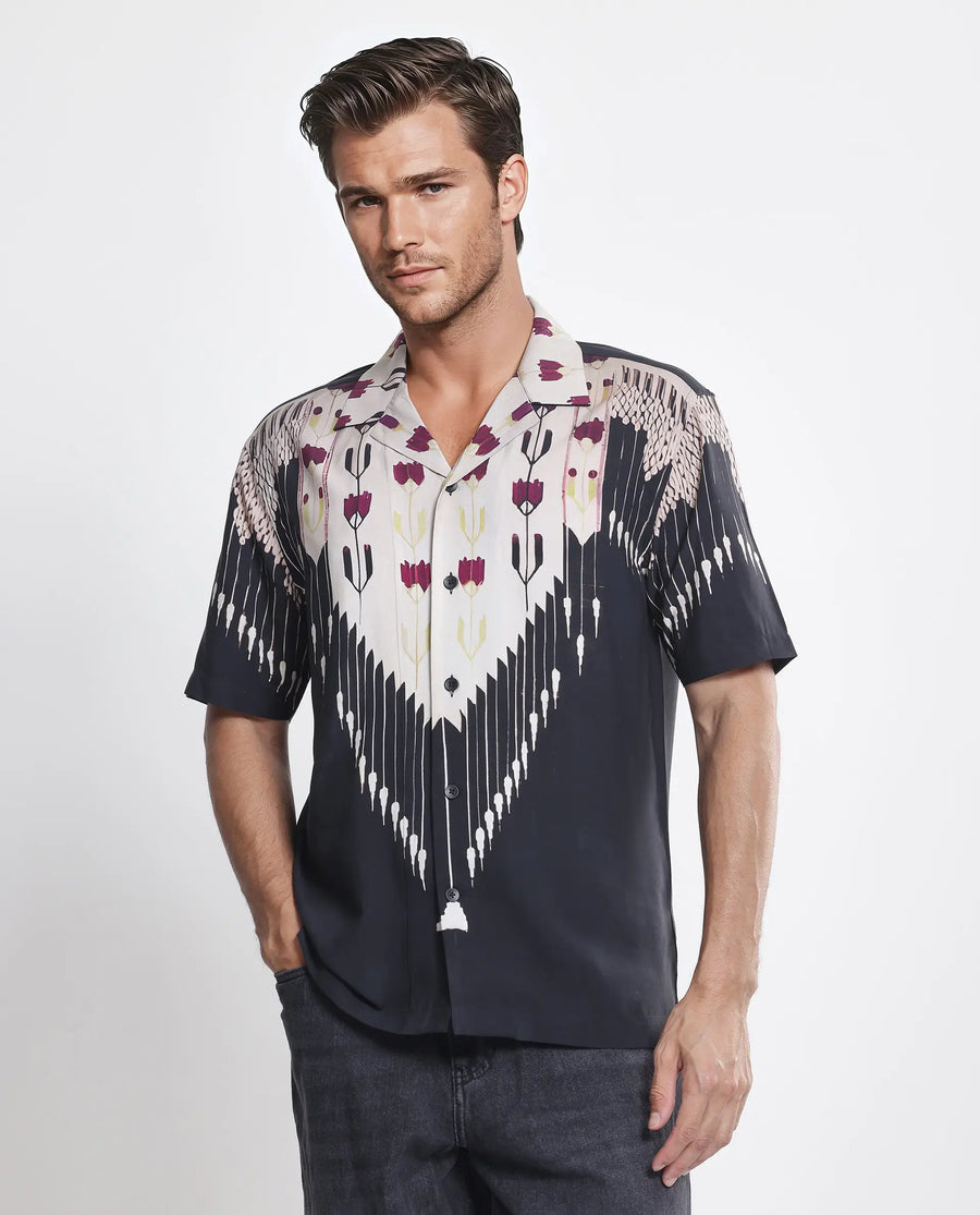 Rare Rabbit Men's Lisat Black Viscose Abstract Print Boxy Fit Half Sleeve Cuban Collar Shirt