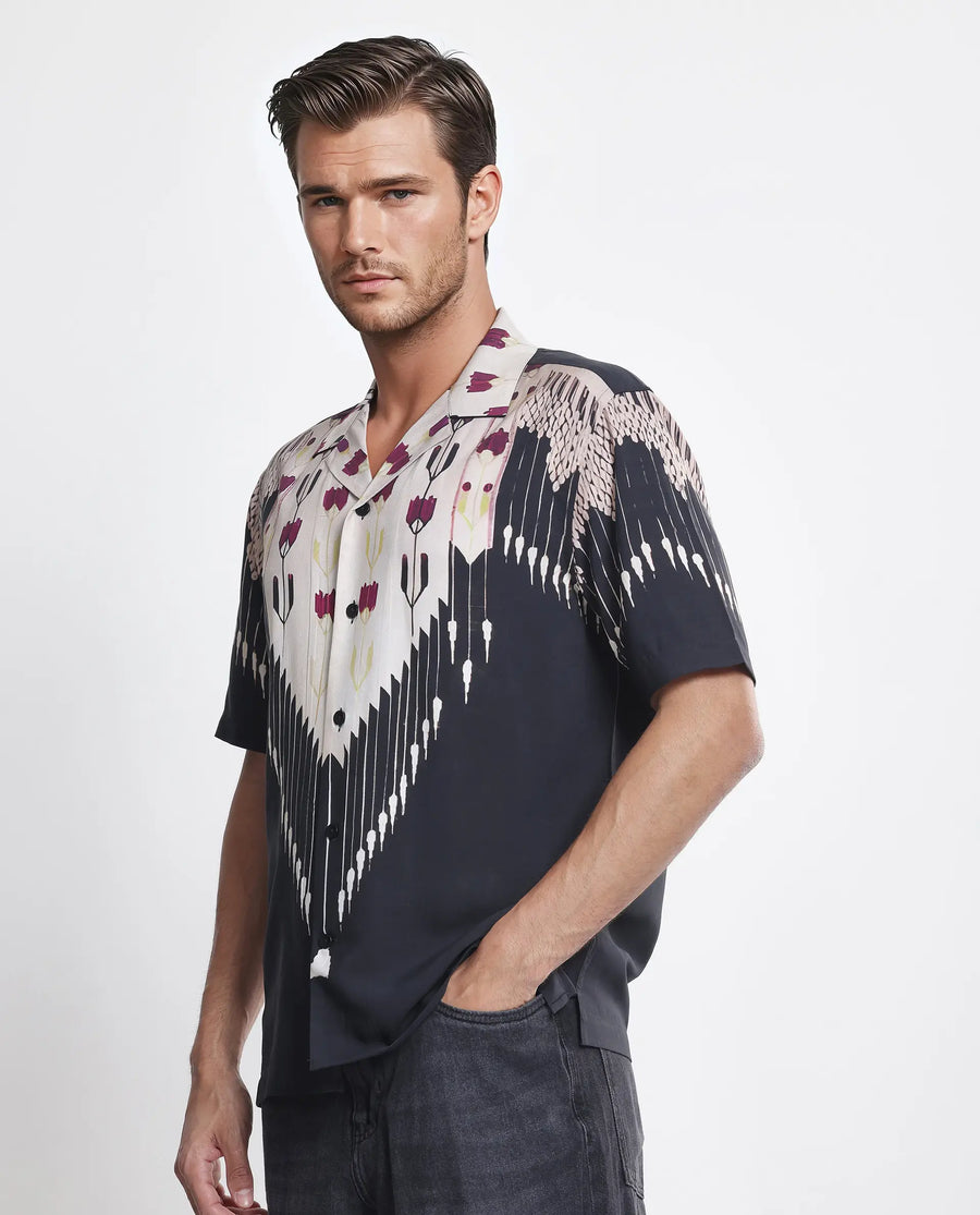 Rare Rabbit Men's Lisat Black Viscose Abstract Print Boxy Fit Half Sleeve Cuban Collar Shirt