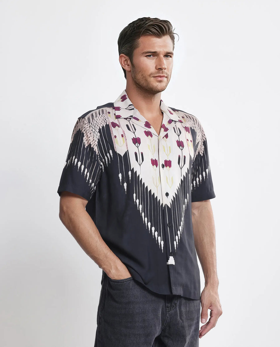 Rare Rabbit Men's Lisat Black Viscose Abstract Print Boxy Fit Half Sleeve Cuban Collar Shirt