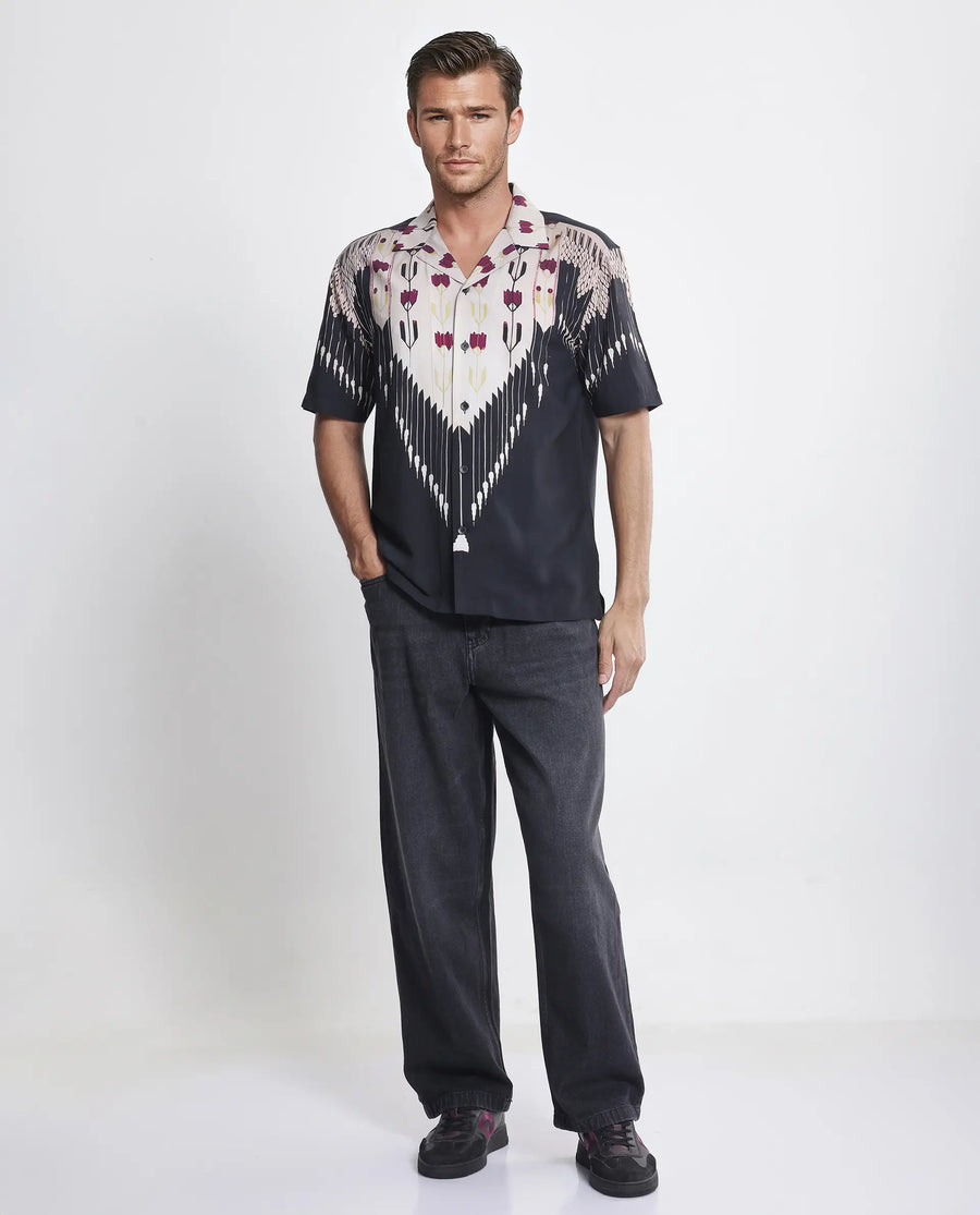 Rare Rabbit Men's Lisat Black Viscose Abstract Print Boxy Fit Half Sleeve Cuban Collar Shirt
