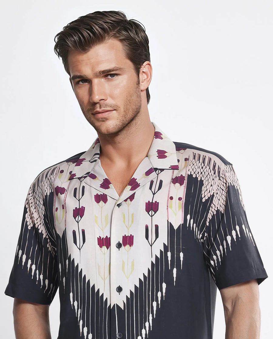 Rare Rabbit Men's Lisat Black Viscose Abstract Print Boxy Fit Half Sleeve Cuban Collar Shirt