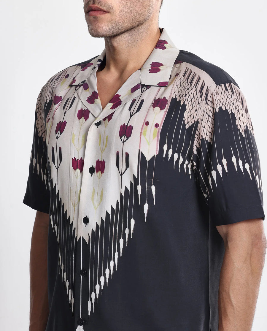 Rare Rabbit Men's Lisat Black Viscose Abstract Print Boxy Fit Half Sleeve Cuban Collar Shirt