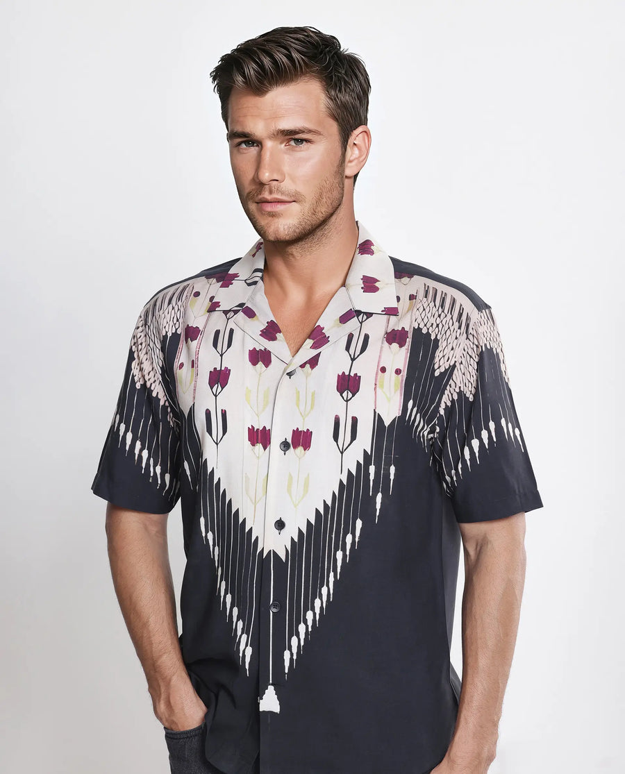 Rare Rabbit Men's Lisat Black Viscose Abstract Print Boxy Fit Half Sleeve Cuban Collar Shirt