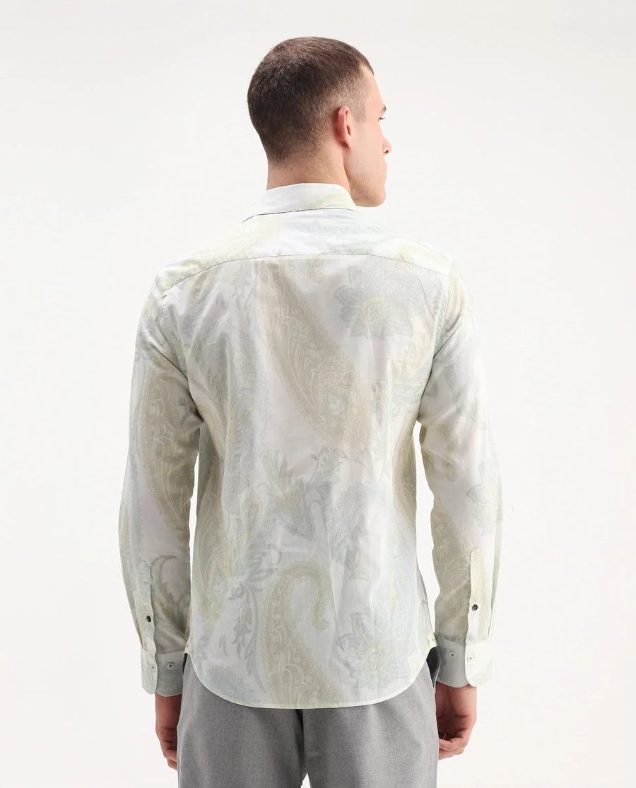 Rare Rabbit Men's Livra Off White Cotton Paisley Print Regular Fit Full Sleeve Collared Shirt