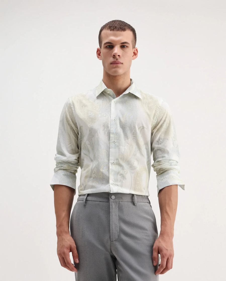 Rare Rabbit Men's Livra Off White Cotton Paisley Print Regular Fit Full Sleeve Collared Shirt