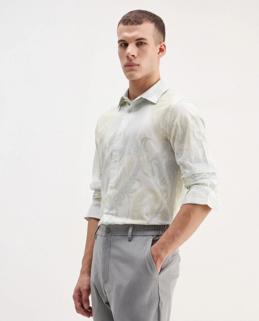 Rare Rabbit Men's Livra Off White Cotton Paisley Print Regular Fit Full Sleeve Collared Shirt