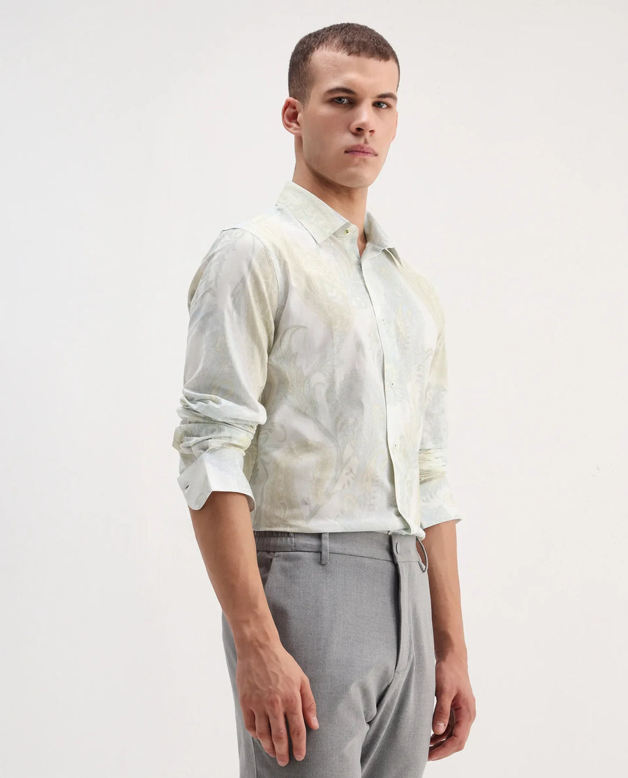 Rare Rabbit Men's Livra Off White Cotton Paisley Print Regular Fit Full Sleeve Collared Shirt