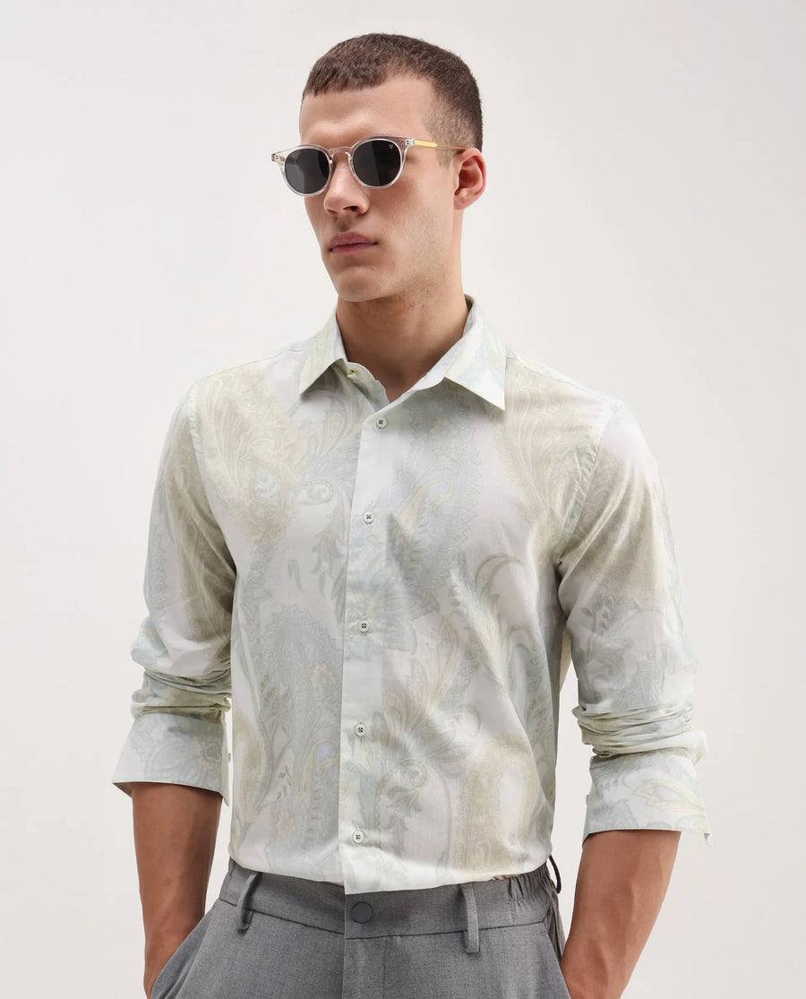 Rare Rabbit Men's Livra Off White Cotton Paisley Print Regular Fit Full Sleeve Collared Shirt