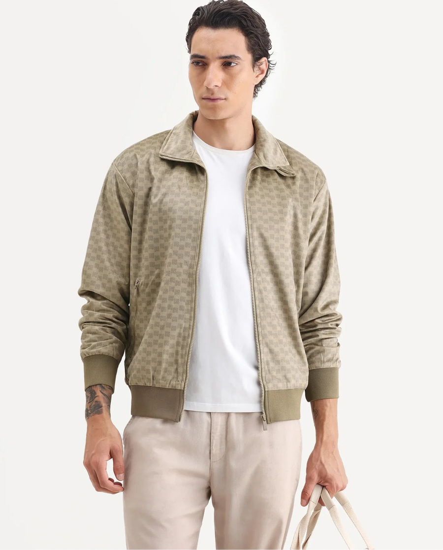 Rare Rabbit Men's Log Beige Cotton Blend Fabric Spread Collar Regular Fit Graphic Print Jacket