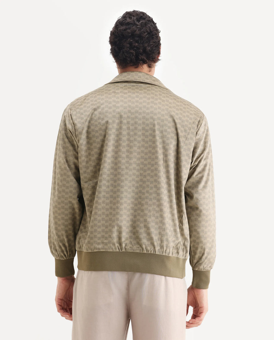 Rare Rabbit Men's Log Beige Cotton Blend Fabric Spread Collar Regular Fit Graphic Print Jacket