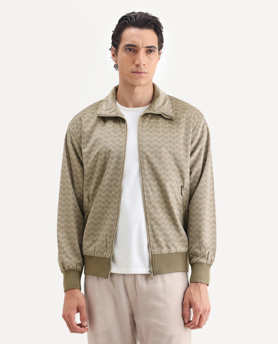 Rare Rabbit Men's Log Beige Cotton Blend Fabric Spread Collar Regular Fit Graphic Print Jacket