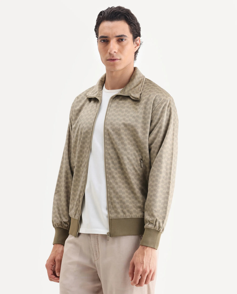 Rare Rabbit Men's Log Beige Cotton Blend Fabric Spread Collar Regular Fit Graphic Print Jacket