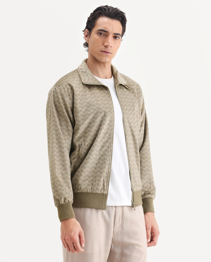 Rare Rabbit Men's Log Beige Cotton Blend Fabric Spread Collar Regular Fit Graphic Print Jacket