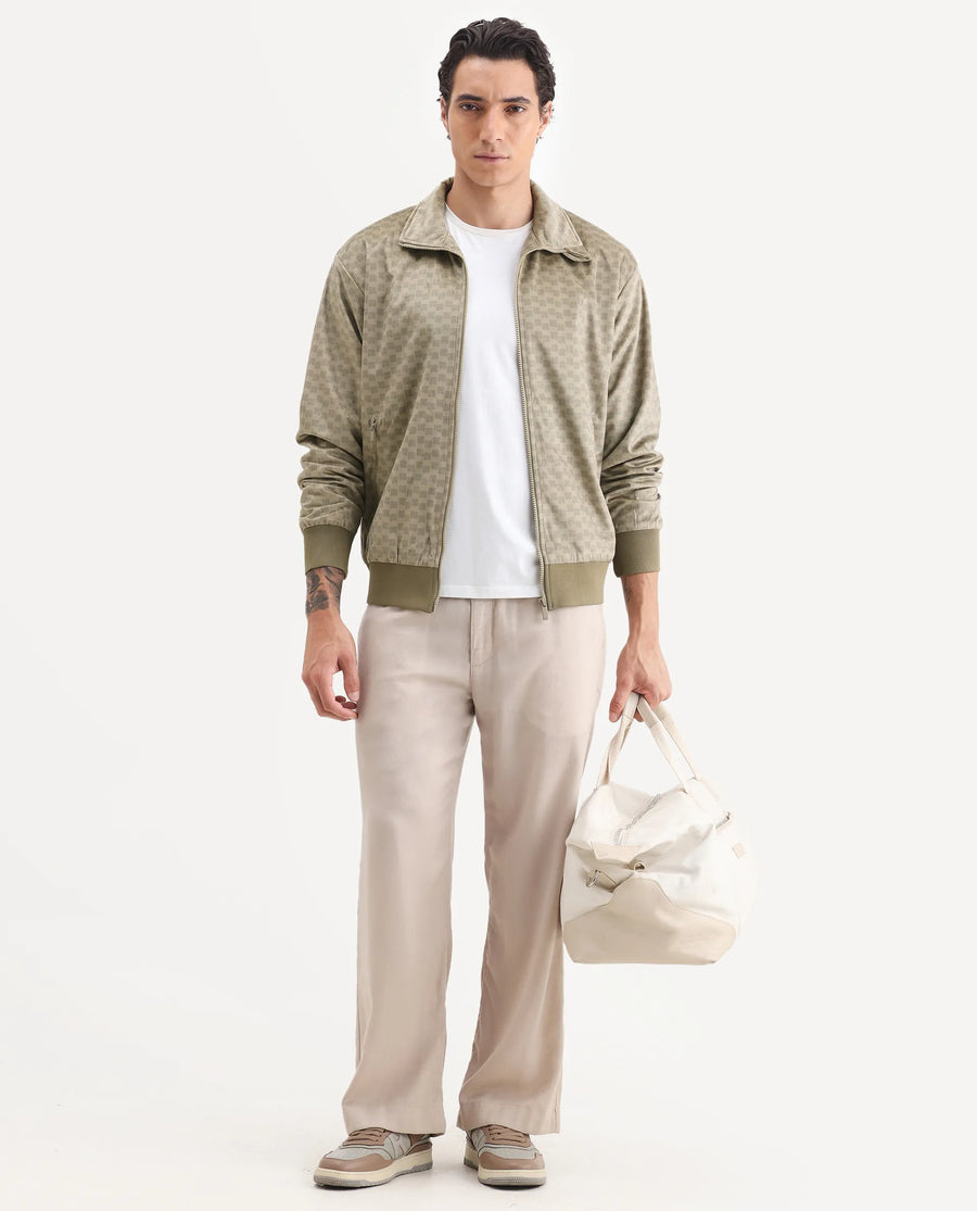 Rare Rabbit Men's Log Beige Cotton Blend Fabric Spread Collar Regular Fit Graphic Print Jacket