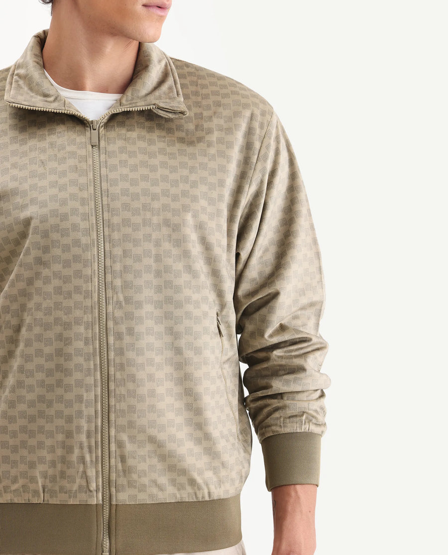 Rare Rabbit Men's Log Beige Cotton Blend Fabric Spread Collar Regular Fit Graphic Print Jacket