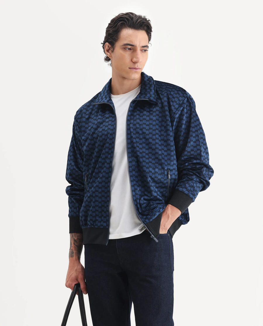 Rare Rabbit Men's Log Blue Cotton Blend Fabric Spread Collar Regular Fit Graphic Print Jacket