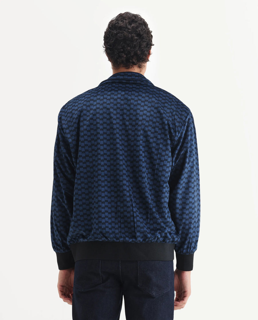 Rare Rabbit Men's Log Blue Cotton Blend Fabric Spread Collar Regular Fit Graphic Print Jacket