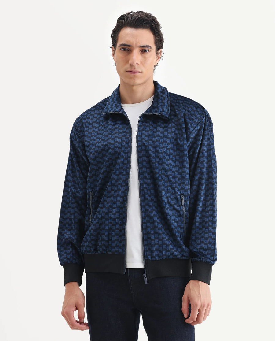 Rare Rabbit Men's Log Blue Cotton Blend Fabric Spread Collar Regular Fit Graphic Print Jacket