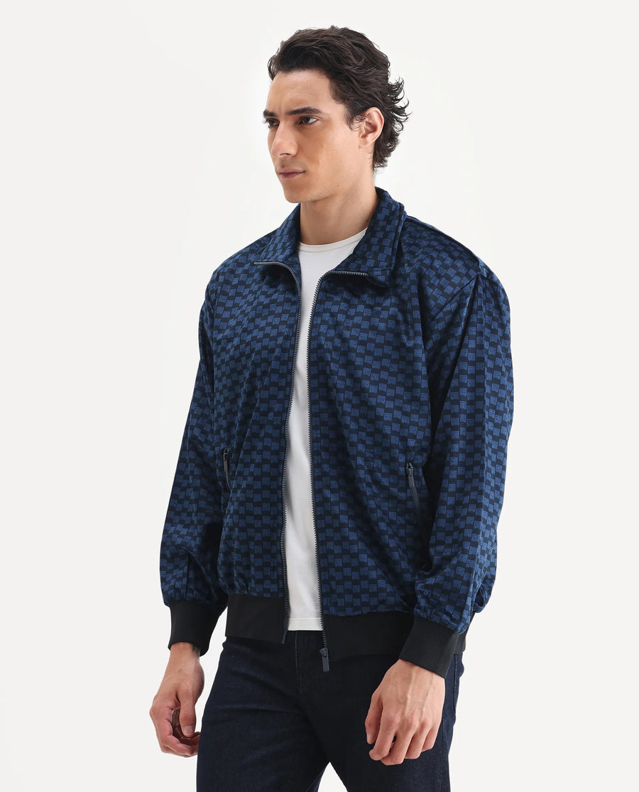 Rare Rabbit Men's Log Blue Cotton Blend Fabric Spread Collar Regular Fit Graphic Print Jacket