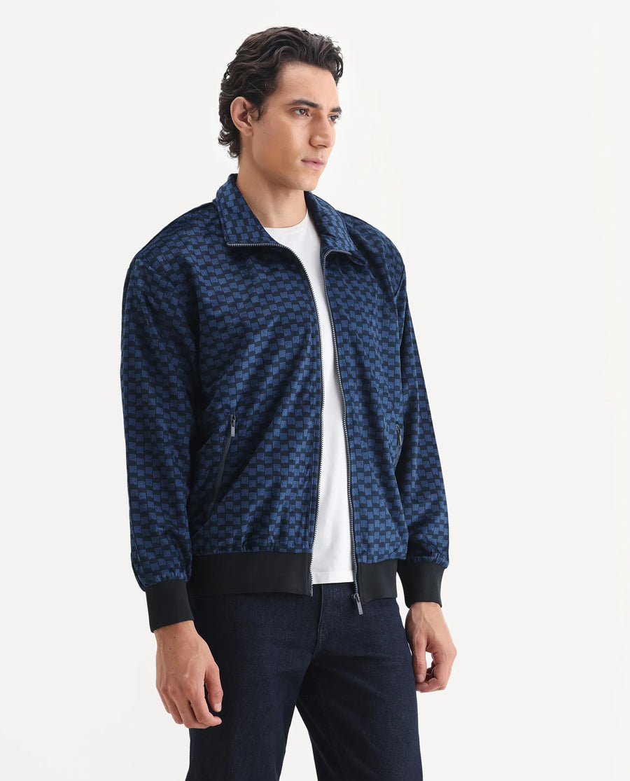 Rare Rabbit Men's Log Blue Cotton Blend Fabric Spread Collar Regular Fit Graphic Print Jacket