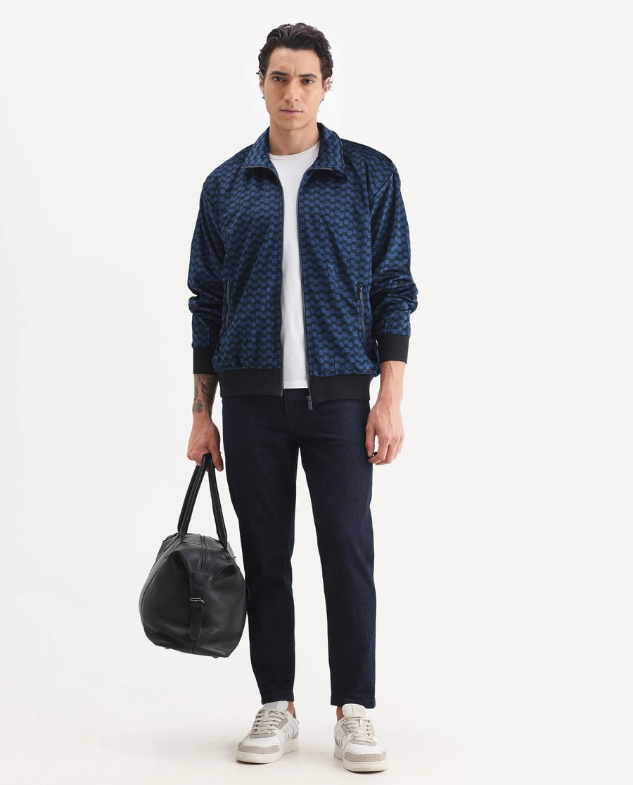 Rare Rabbit Men's Log Blue Cotton Blend Fabric Spread Collar Regular Fit Graphic Print Jacket