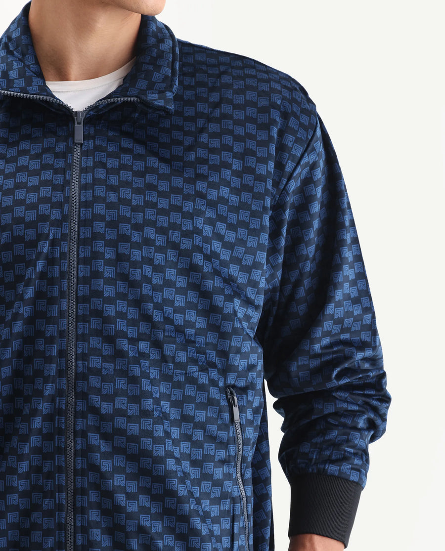 Rare Rabbit Men's Log Blue Cotton Blend Fabric Spread Collar Regular Fit Graphic Print Jacket