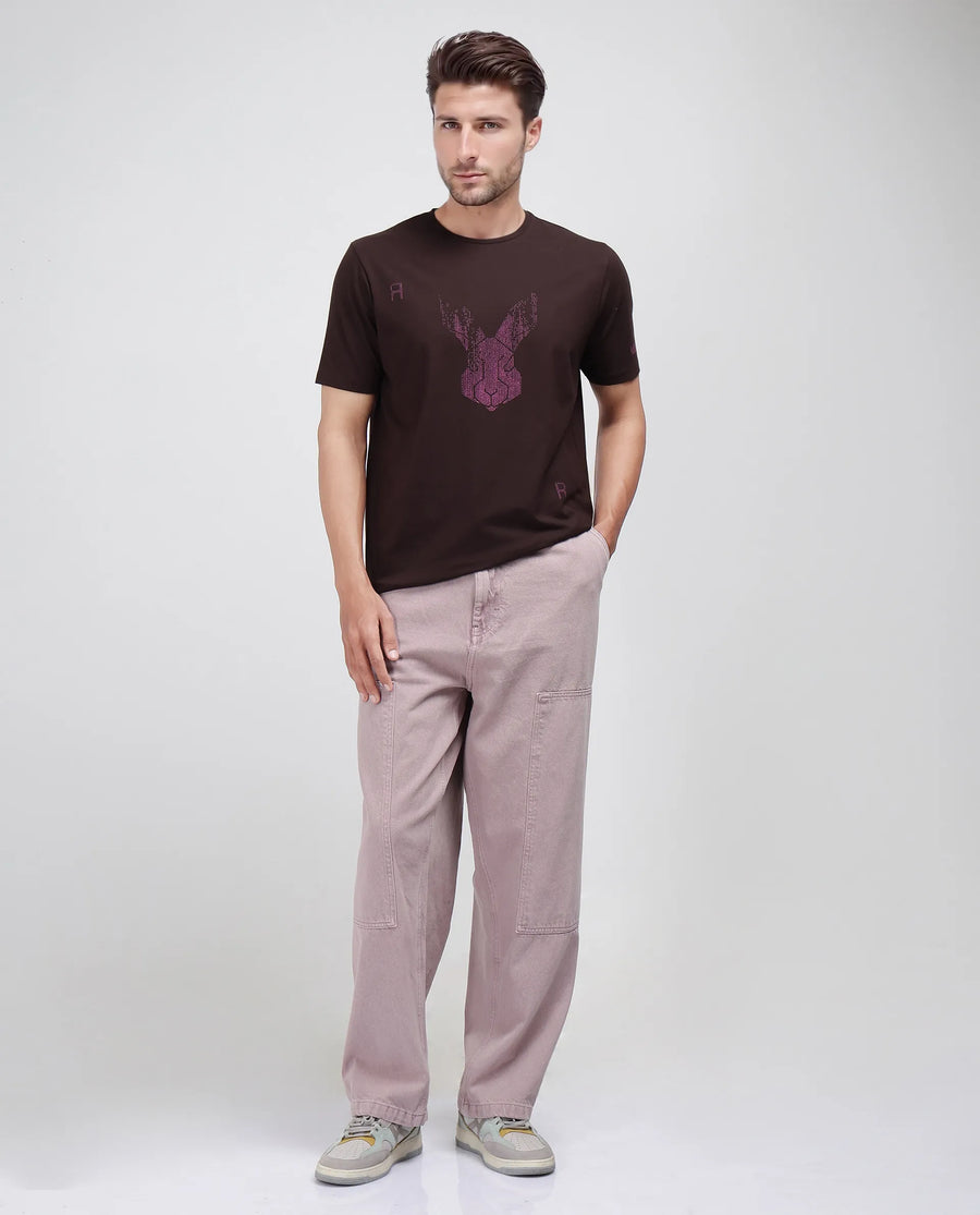 Rare Rabbit Men's Log Brown Cotton Blend Graphic Print Regular Fit Half Sleeve Crew Neck T-Shirt