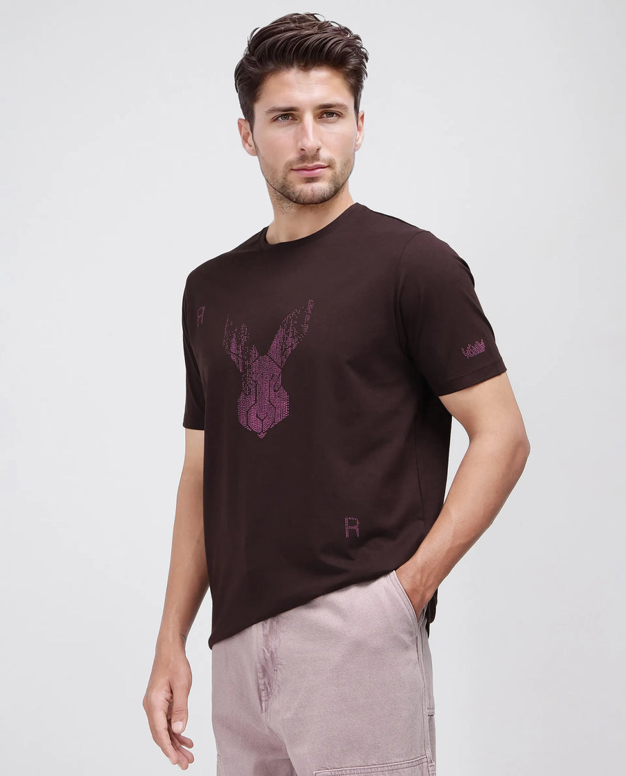 Rare Rabbit Men's Log Brown Cotton Blend Graphic Print Regular Fit Half Sleeve Crew Neck T-Shirt
