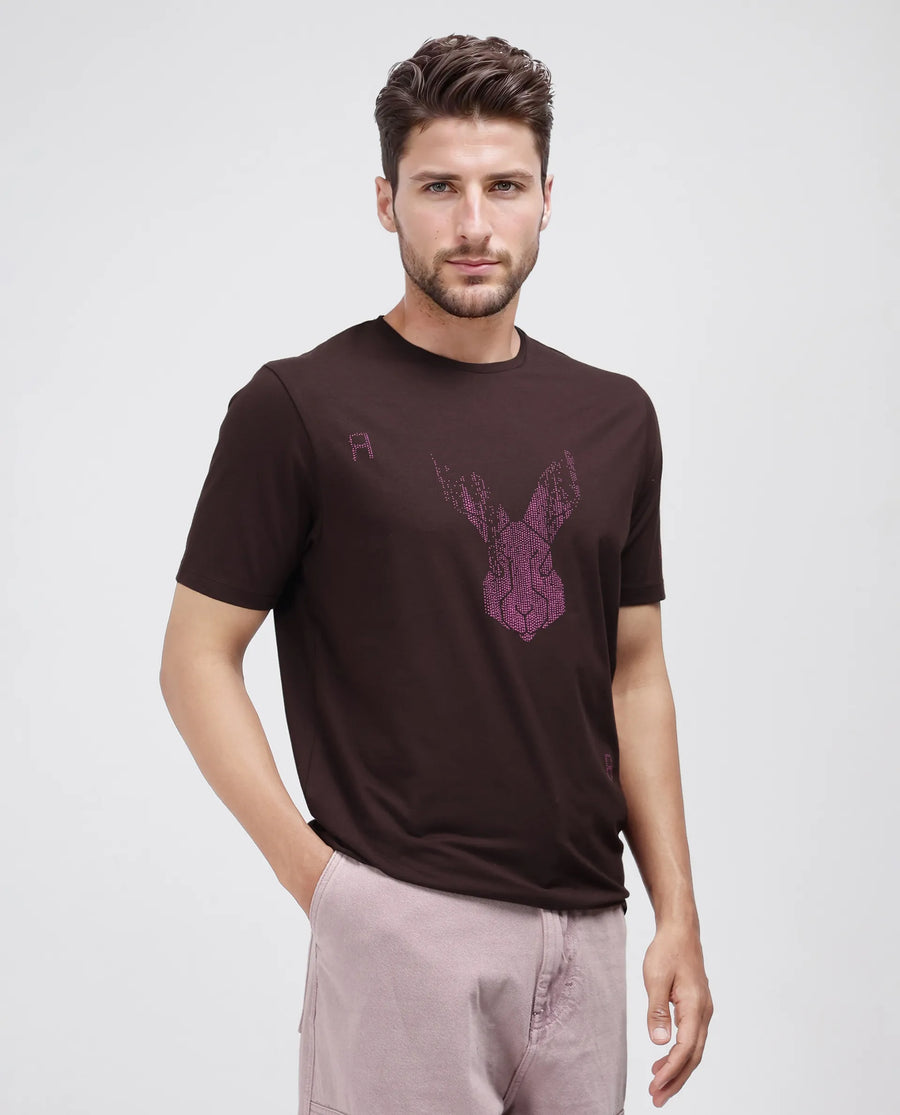 Rare Rabbit Men's Log Brown Cotton Blend Graphic Print Regular Fit Half Sleeve Crew Neck T-Shirt