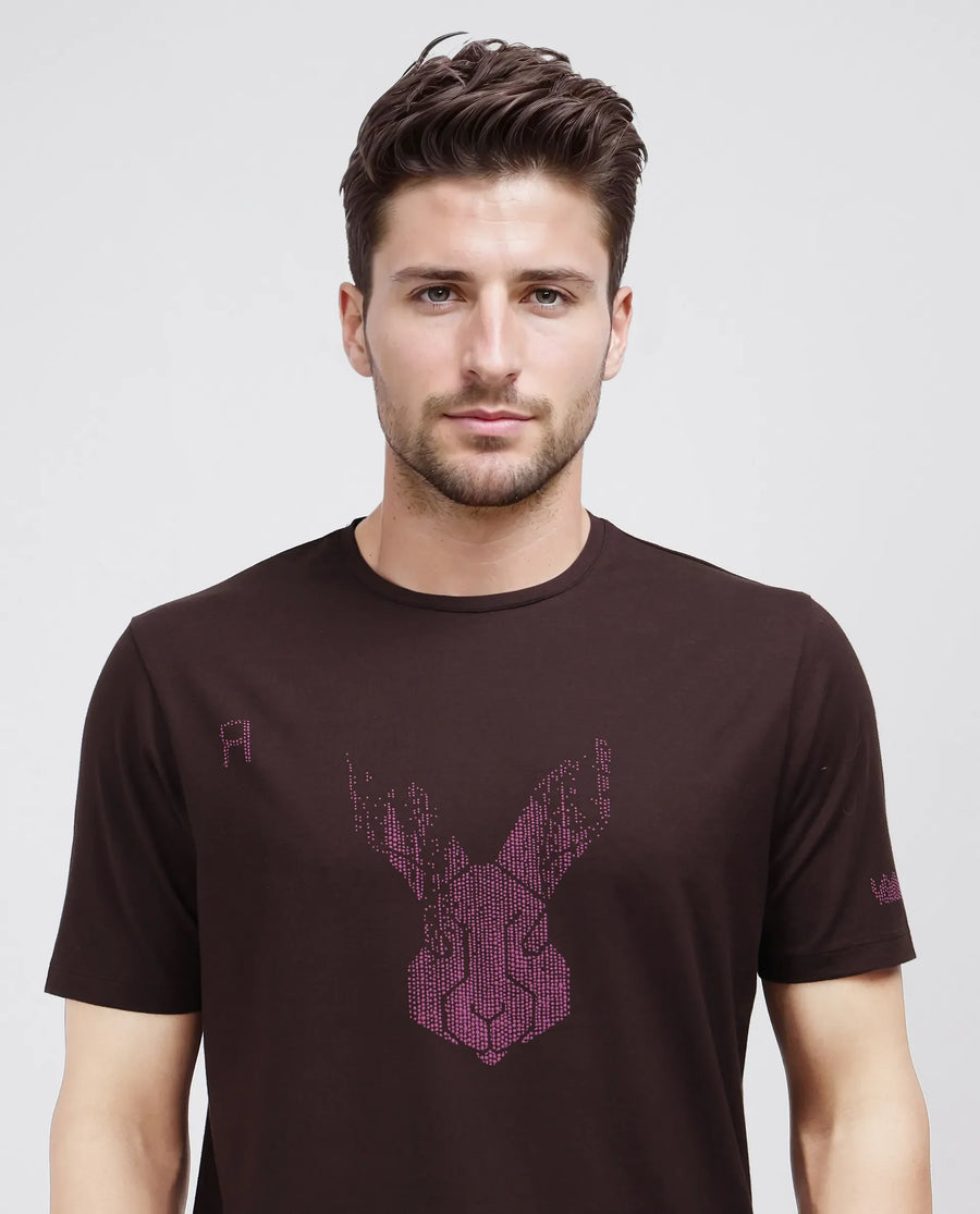 Rare Rabbit Men's Log Brown Cotton Blend Graphic Print Regular Fit Half Sleeve Crew Neck T-Shirt