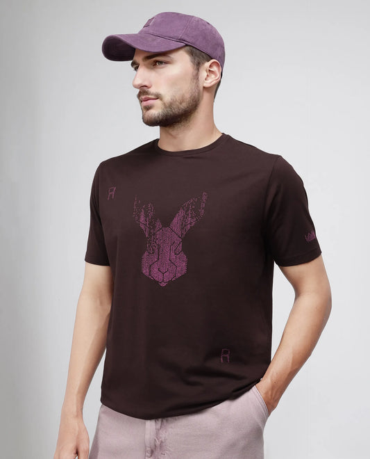 Rare Rabbit Men's Log Brown Cotton Blend Graphic Print Regular Fit Half Sleeve Crew Neck T-Shirt
