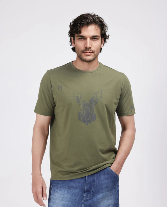 Rare Rabbit Men's Log Green Cotton Blend Graphic Print Regular Fit Half Sleeve Crew Neck T-Shirt