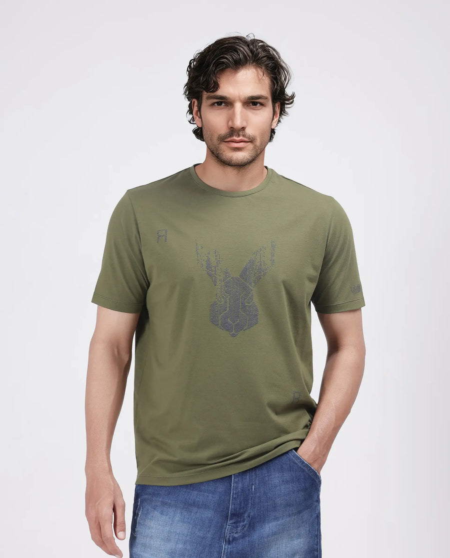 Rare Rabbit Men's Log Green Cotton Blend Graphic Print Regular Fit Half Sleeve Crew Neck T-Shirt