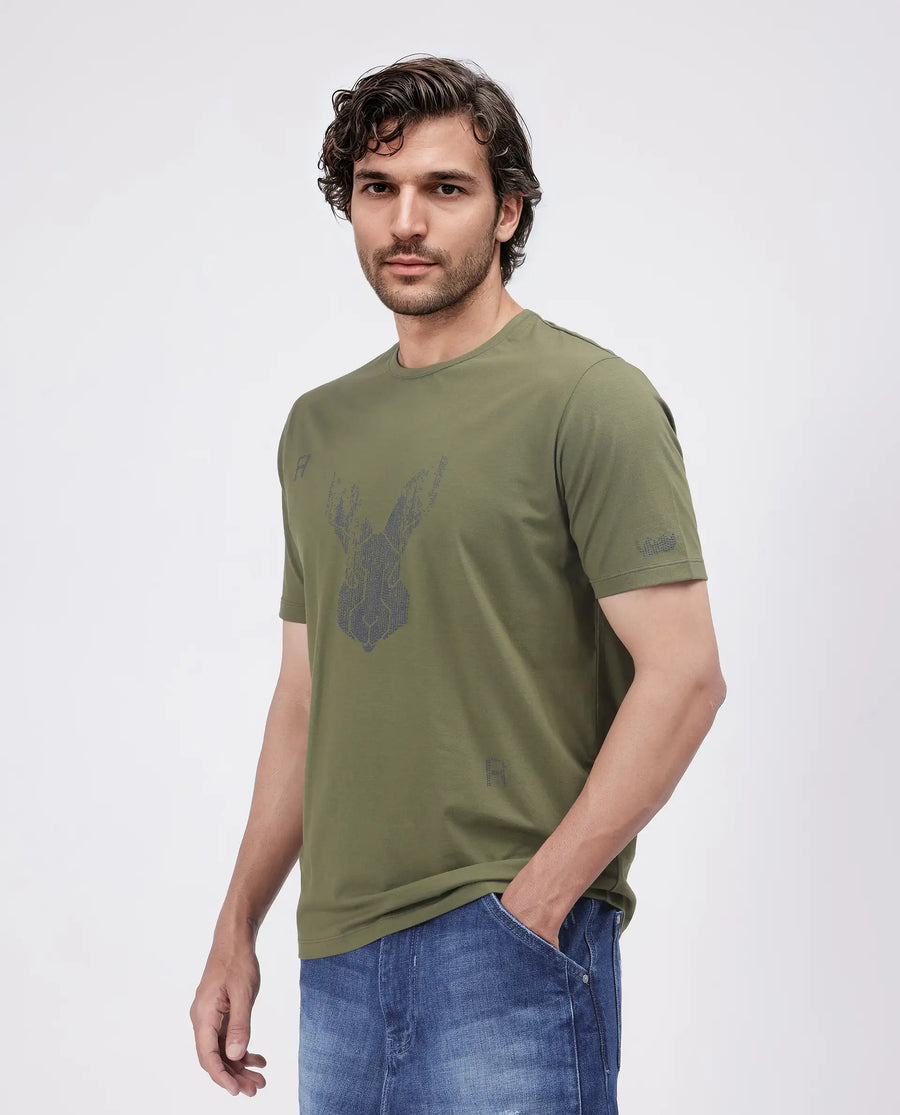 Rare Rabbit Men's Log Green Cotton Blend Graphic Print Regular Fit Half Sleeve Crew Neck T-Shirt